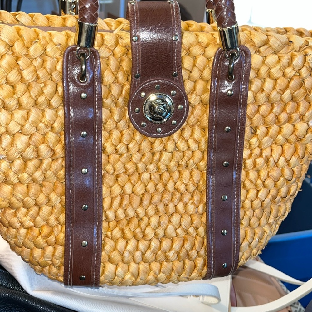 Tan and Brown Woven Tote with Leather Accents